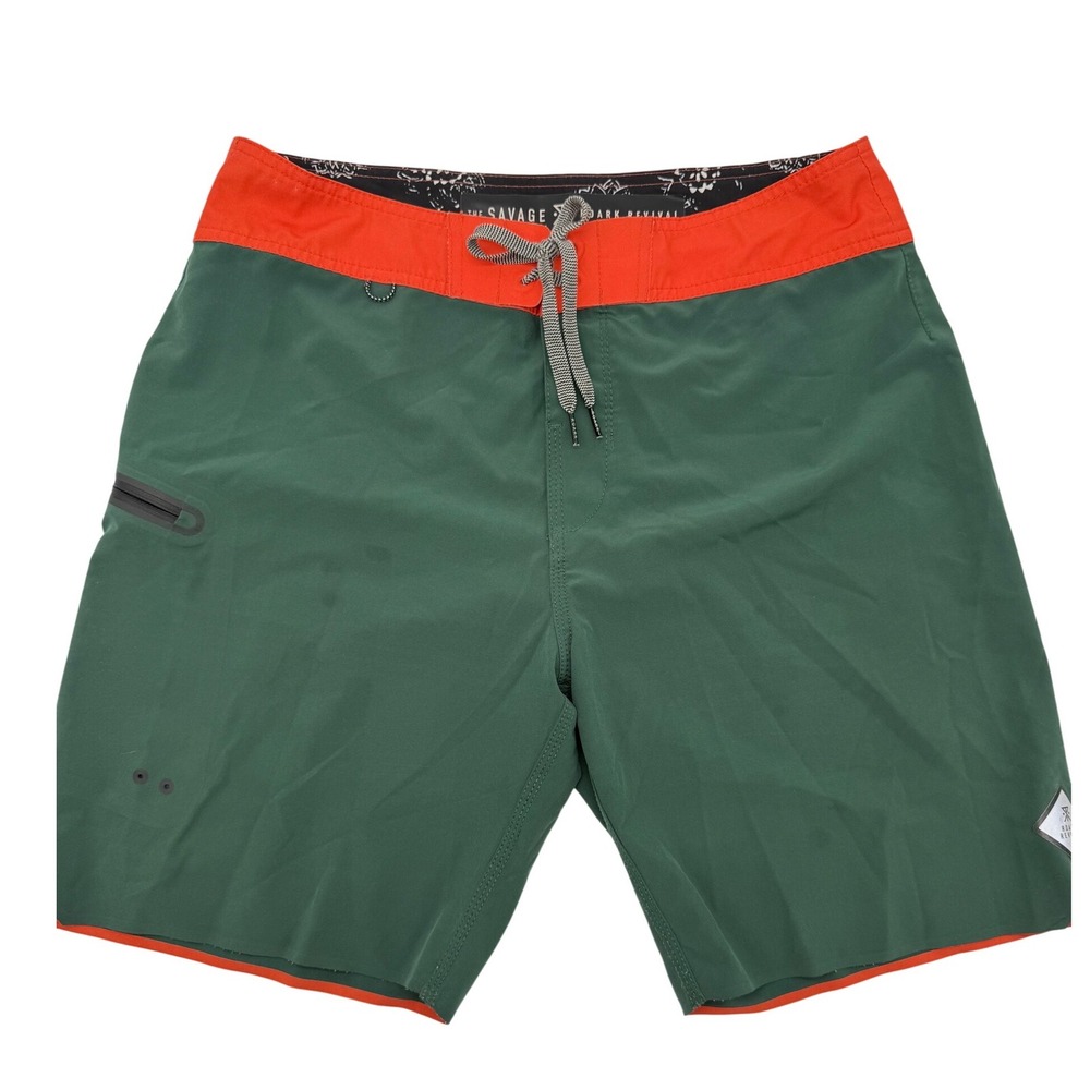 Roark Revival Savage Board Shorts Men 32 Green Orange Swim Trunk Side Zip Pocket